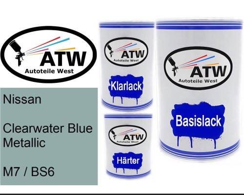 Nissan, Clearwater Blue Metallic, M7 / BS6: 500ml Lackdose + 500ml Klarlack + 250ml Härter - Set, von ATW Autoteile West.